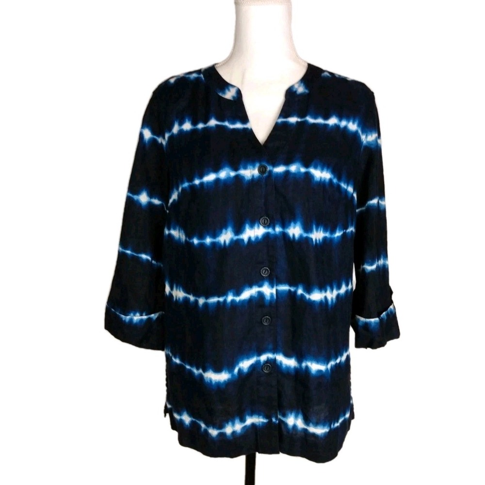 Jones New York Sport Womens Navy Blue 3/4 Sleeve Tie Dye Linen Shirt Size S